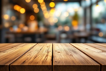 Wooden tabletop with natural textures and blurred interior lights in the background, creating a cozy ambiance for product display or presentation. Ai generative