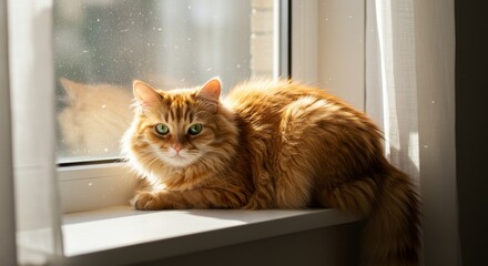 Fluffy ginger cat relaxing on sunlit window sill with curious green eyes