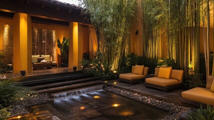 Obraz premium Serene Indoor Outdoor Space with Bamboo and Water Features at Night
