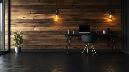 Modern Minimalist Home Office with Rustic Wood Wall
