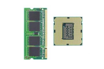 CPU and RAM isolated on a white background. CPU and RAM for a laptop. Set of RAM and processor.
