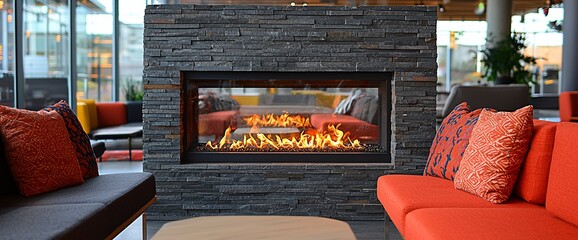 Modern fireplace with orange sofas in a bright lobby.