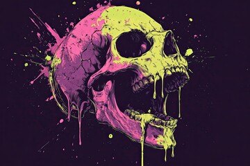 A vibrant, stylized skull illustration with dripping paint splatters, showcasing a dynamic and artistic design.