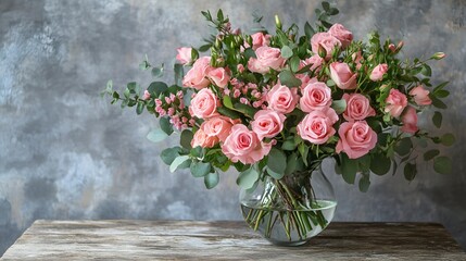 A Lovely Bouquet Of Pink Roses In A Glass Vase