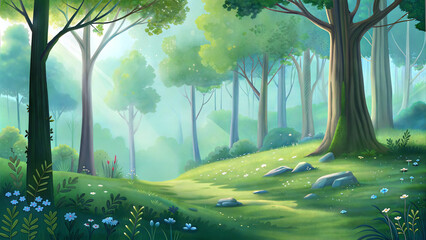 A serene and colorful digital painting of a forest path.