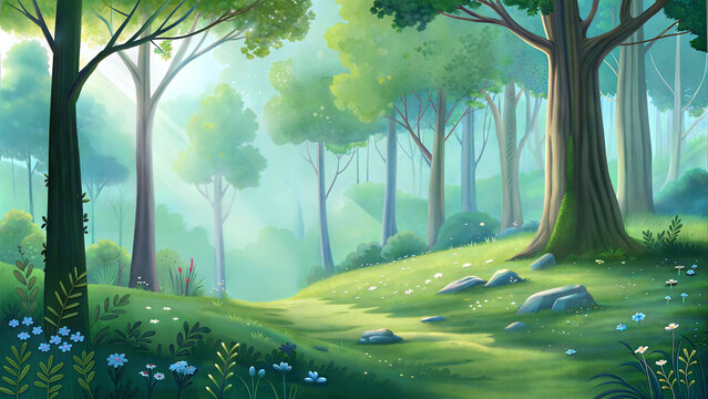 A serene and colorful digital painting of a forest path.