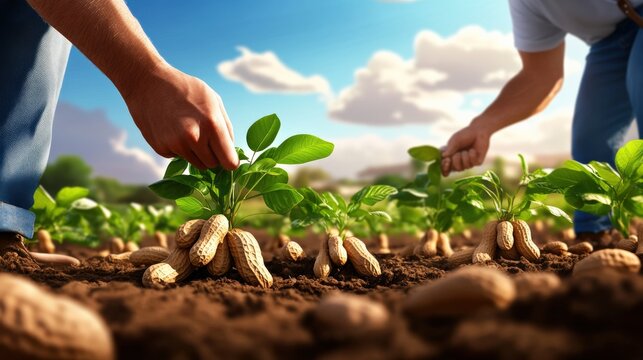 Farmers pulling peanut plants from the soil, revealing clusters of peanuts on the roots against a rural backdrop.
