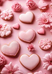 Obraz premium A romantic flat lay of pink heart-shaped cookies and pastel confections, perfect for Valentine's Day or sweet celebrations, evoking love and joy.