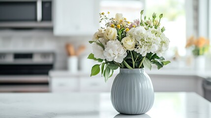 A vase of flowers sits on a counter in a kitchen