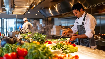 A chef is preparing a salad in a restaurant kitchen