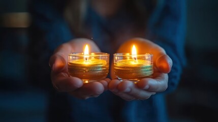 Two lit candles held in hands, creating a warm glow.