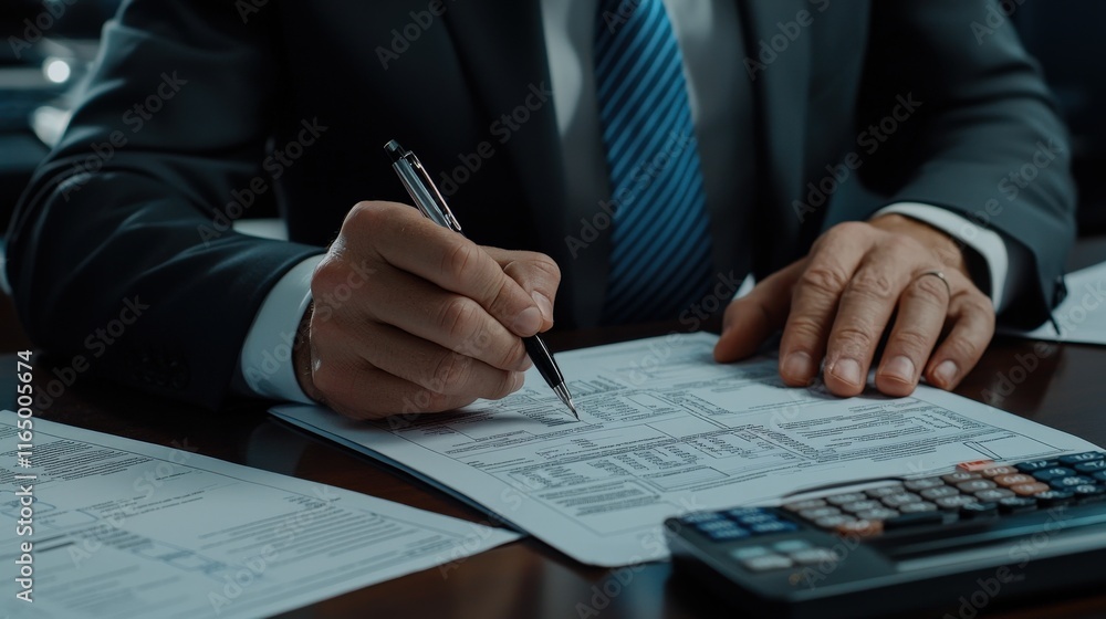 Poster A zoomed-in view of a tax consultant filling out forms with precise details.