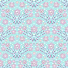 Floral arch seamless pattern. Scallop half circle geometrical botanical ornament. Art nouveau stylized hand drawn small pink  flowers on pastel blue background. Repeat bouquets allover backdrop