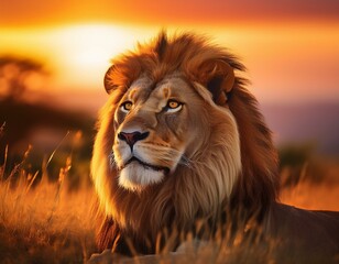 Naklejka premium A majestic lion with a golden mane glows under a sunset, surrounded by lush savanna grass.