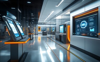 Futuristic tech corridor with interactive displays and screens showing data.