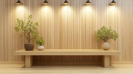 A minimalist wooden bench with potted plants, illuminated by stylish wall lights.
