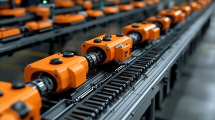 Fototapeta premium Industrial conveyor with orange machinery components.