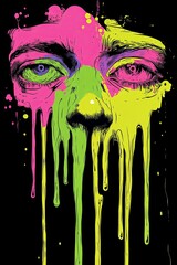 Abstract portrait of a face melting with vibrant neon paint drips on a black background.