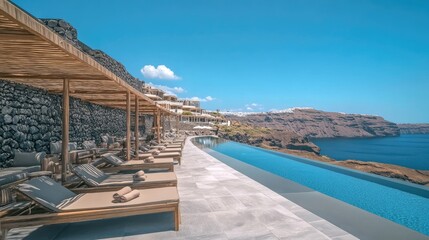 Fototapeta premium Scenic Infinity Pool with Lounge Chairs Overlooking Serene Water
