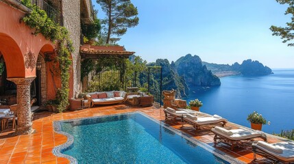 Fototapeta premium Luxurious Villa with Pool Overlooking Scenic Coastal Landscape