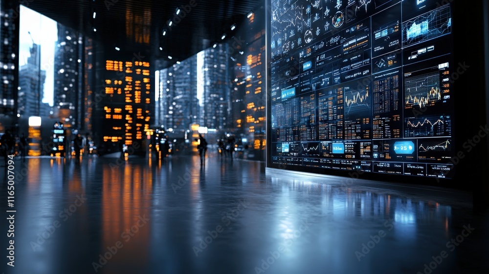 Aufkleber A futuristic concept of a financial hub with augmented reality interfaces projecting stock trends.