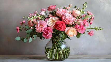 Lovely pink roses and other flowers in a glass vase