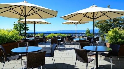 Outdoor Cafe Patio with Umbrellas and Scenic Lake View