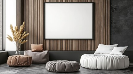 Modern Living Room Interior Design with Blank Canvas, Wooden Wall, and Comfortable Seating