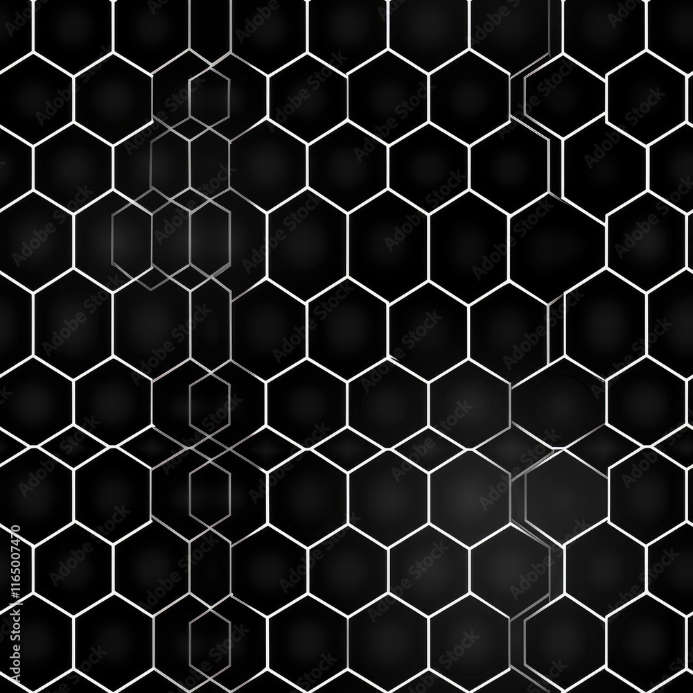 Poster a geometric pattern of hexagons in black and white, creating a visually striking design.