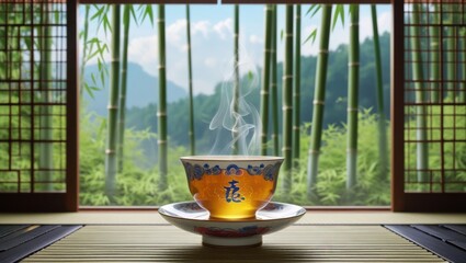 A serene teahouse with traditional tatami mats and sliding paper doors, surrounded by lush greenery, features a large window that frames a majestic bamboo forest with its stalks swaying gently in the 