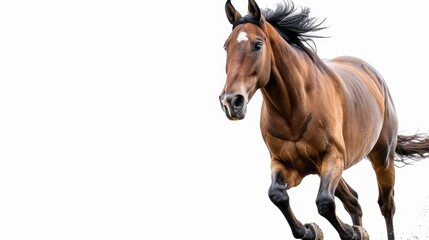 Obraz premium A brown horse galloping with a flowing mane against a white background.