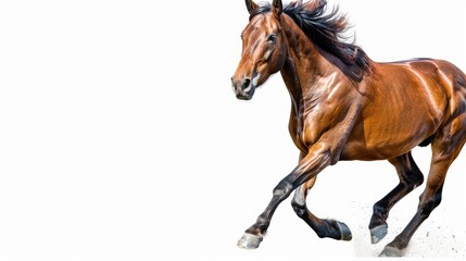 Obraz premium A galloping brown horse against a white background, showcasing speed and grace.