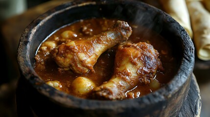A close-up shot of a steaming bowl of Doro Wat, featuring tender chicken drumsticks simmered in a rich, red berbere-spiced sauce, served alongside freshly rolled injera bread on a rustic wooden table.