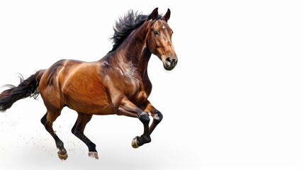 A brown horse galloping energetically on a white background.