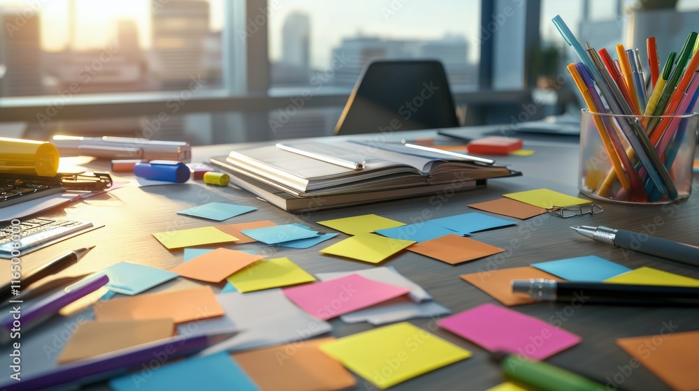 Aufkleber A brainstorming session with colorful sticky notes and markers scattered across a table