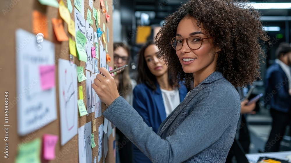 Poster a close-up of a marketing professional jotting down ideas on sticky notes pinned to a corkboard