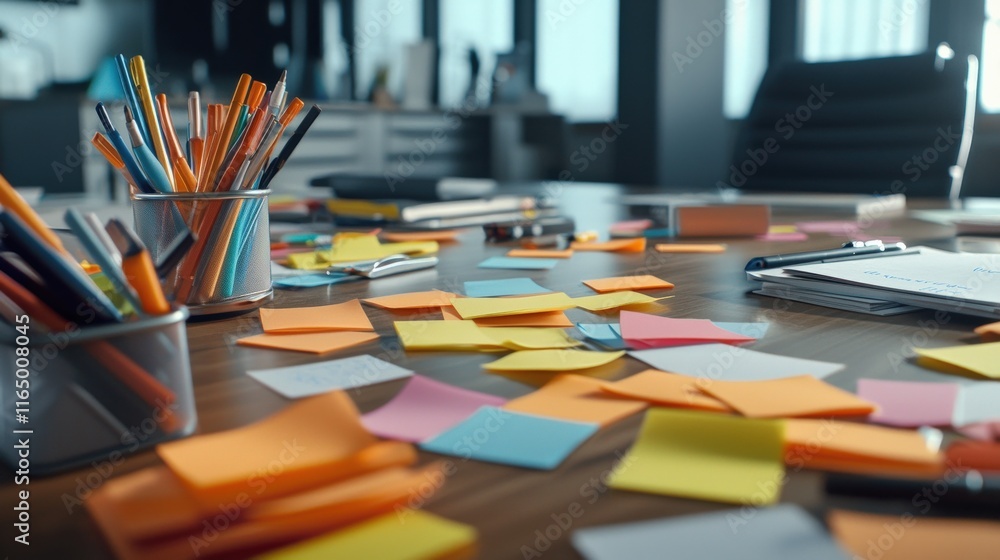 Aufkleber A brainstorming session with colorful sticky notes and markers scattered across a table