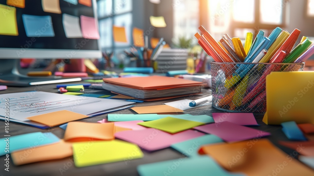 Aufkleber A brainstorming session with colorful sticky notes and markers scattered across a table