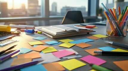 A brainstorming session with colorful sticky notes and markers scattered across a table
