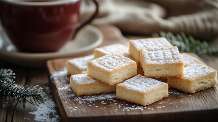 A close-up shot of freshly baked Scottish shortbread cookies, with golden edges and a soft buttery texture, arranged on a rustic wooden board,