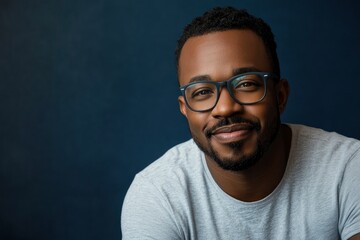 Obraz premium Portrait of handsome African-American man wearing glasses and looking at camera smiling while posing against deep blue background, copy space