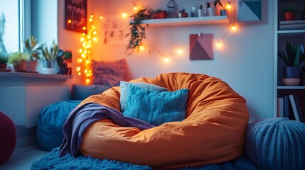 Naklejka premium A chic dorm room setup featuring a bean bag chair in bold colors, layered with a throw blanket, hanging fairy lights, geometric wall decor, and a tidy corner shelf displaying personal items,