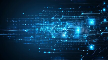 Naklejka premium Abstract digital background with glowing blue hexagons and data streams.