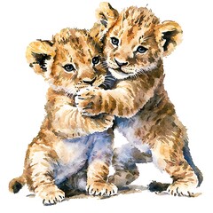 Obraz premium Watercolor Painting of Two Adorable Lion Cubs Embracing Each Other.