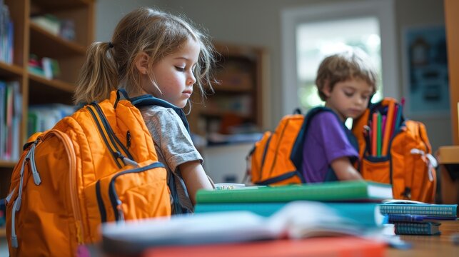 Kids Preparing Their Backpacks and Books for School