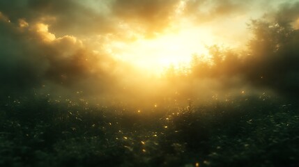 Naklejka premium Misty Field Sunset Golden Light Illuminates Plants