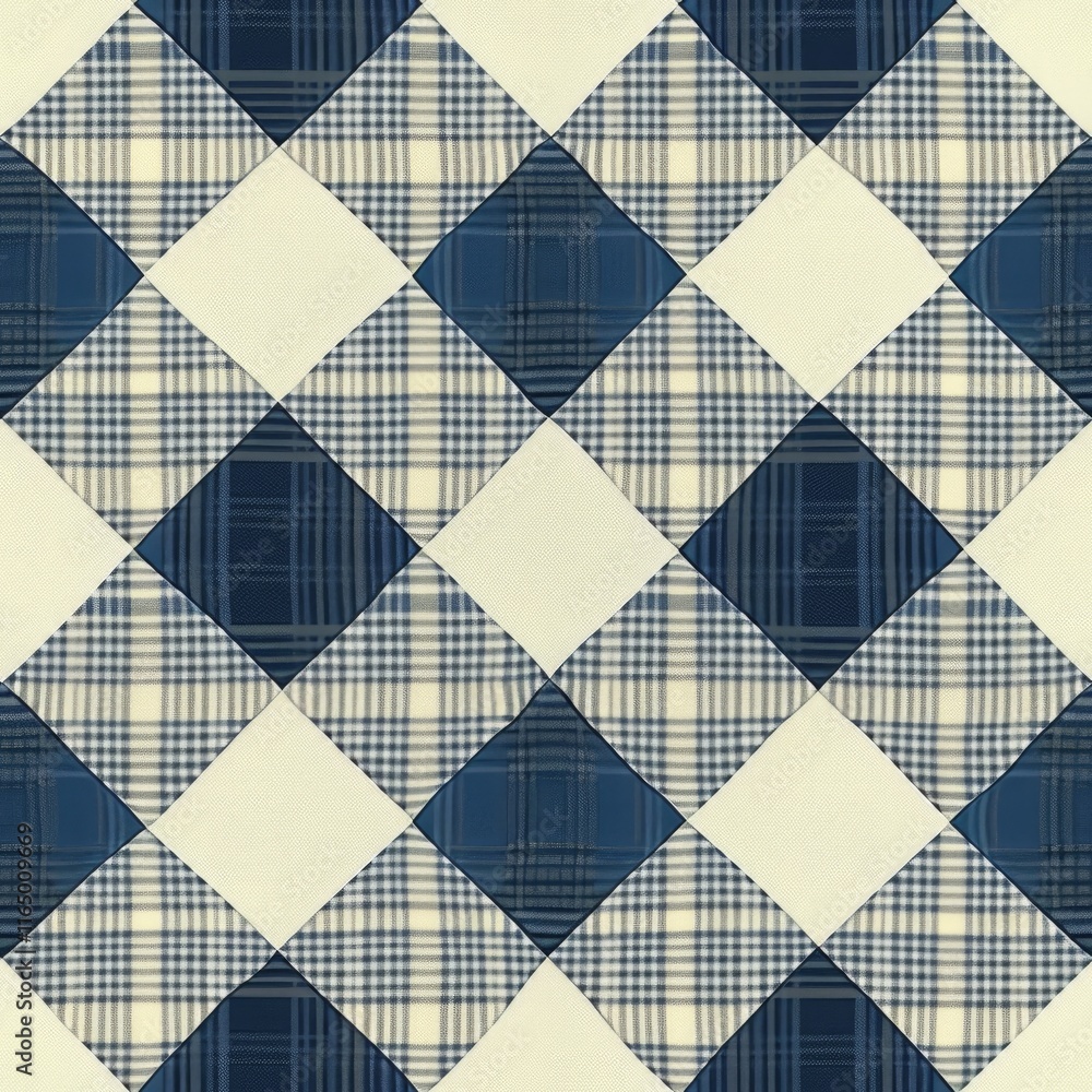 Poster a patterned textile design featuring blue and cream diamond shapes in a checkered layout.