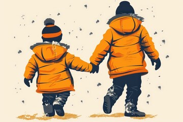 Children enjoying winter fun in colorful jackets snowy landscape illustration playful mood side view family bonding