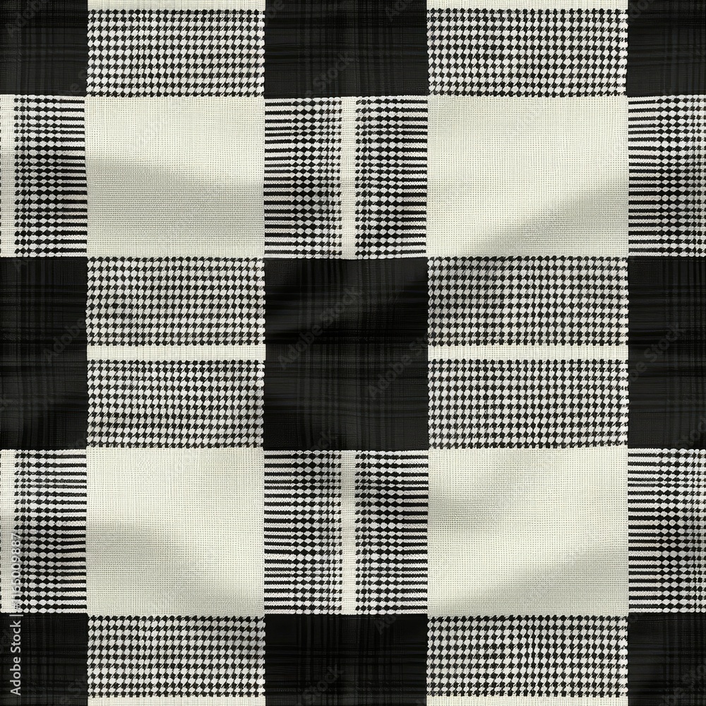 Poster a textile pattern featuring alternating black and white squares with various textures.