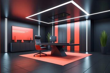 modern CEO office with gray walls, dark wooden desk with computer and bookcase with folders. Concept of management.